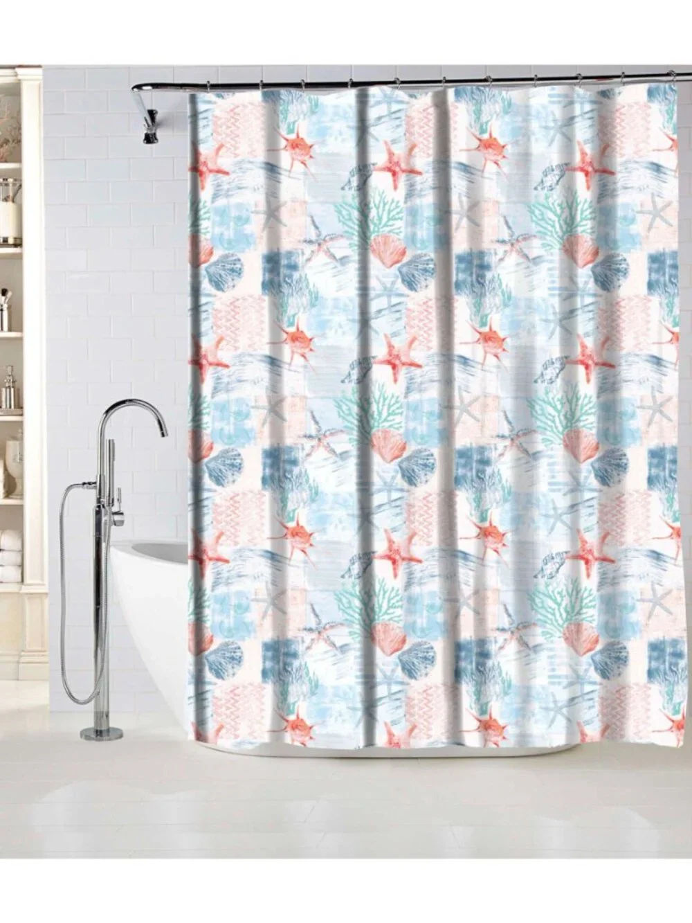 Shower Curtain Fabric Coastal Starfish Seashell Coral Blue Print 70